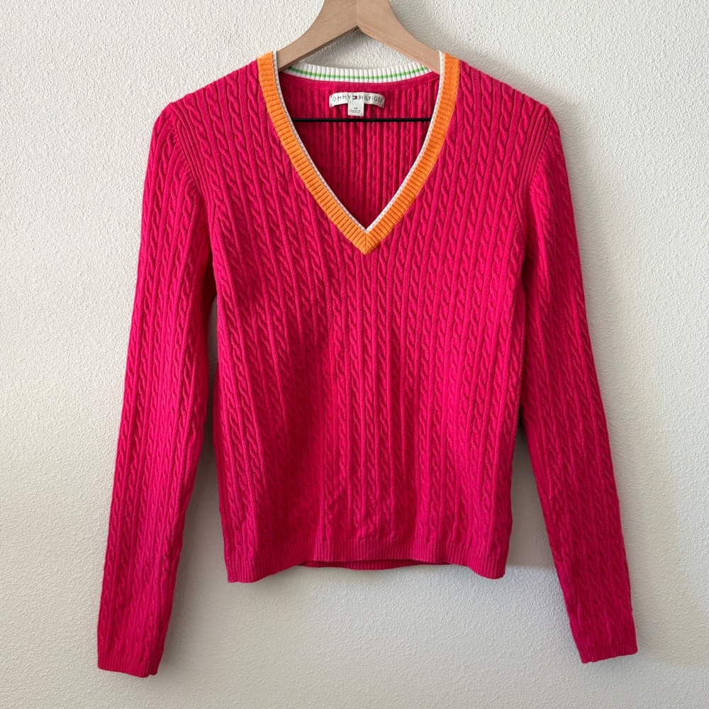 TOMMY HILFIGER Womens Cotton Cable Knit V-Neck Sweater Size M Preppy Tennis Y2K